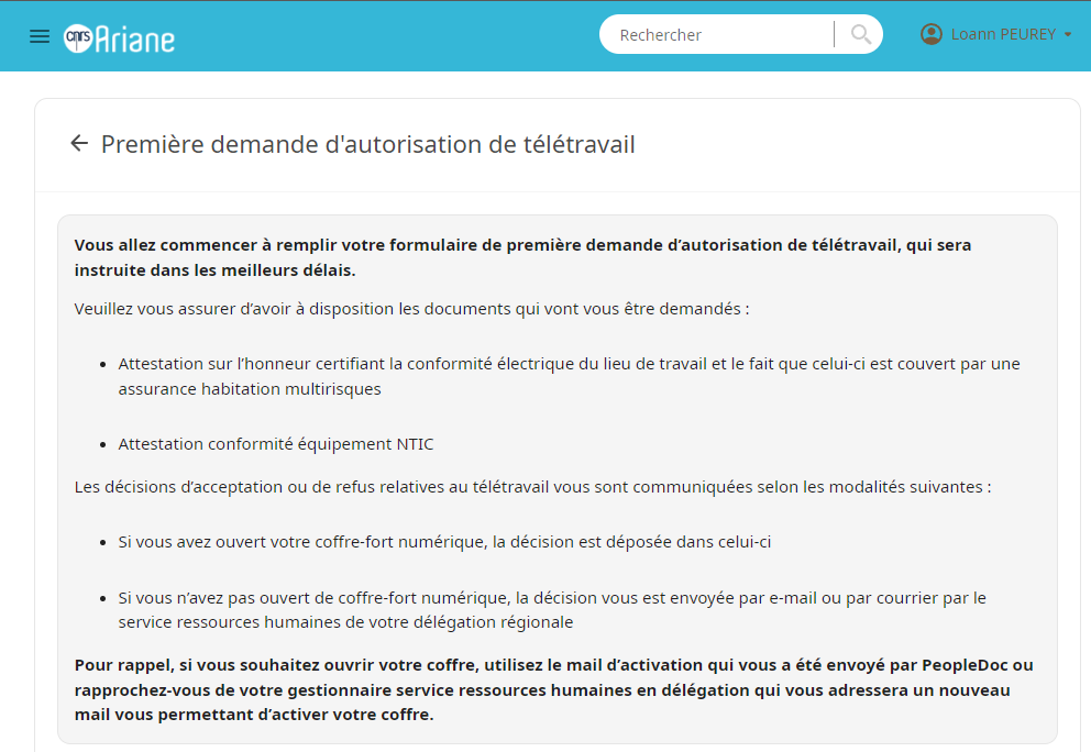 cnrs arian website, page for first request of telework